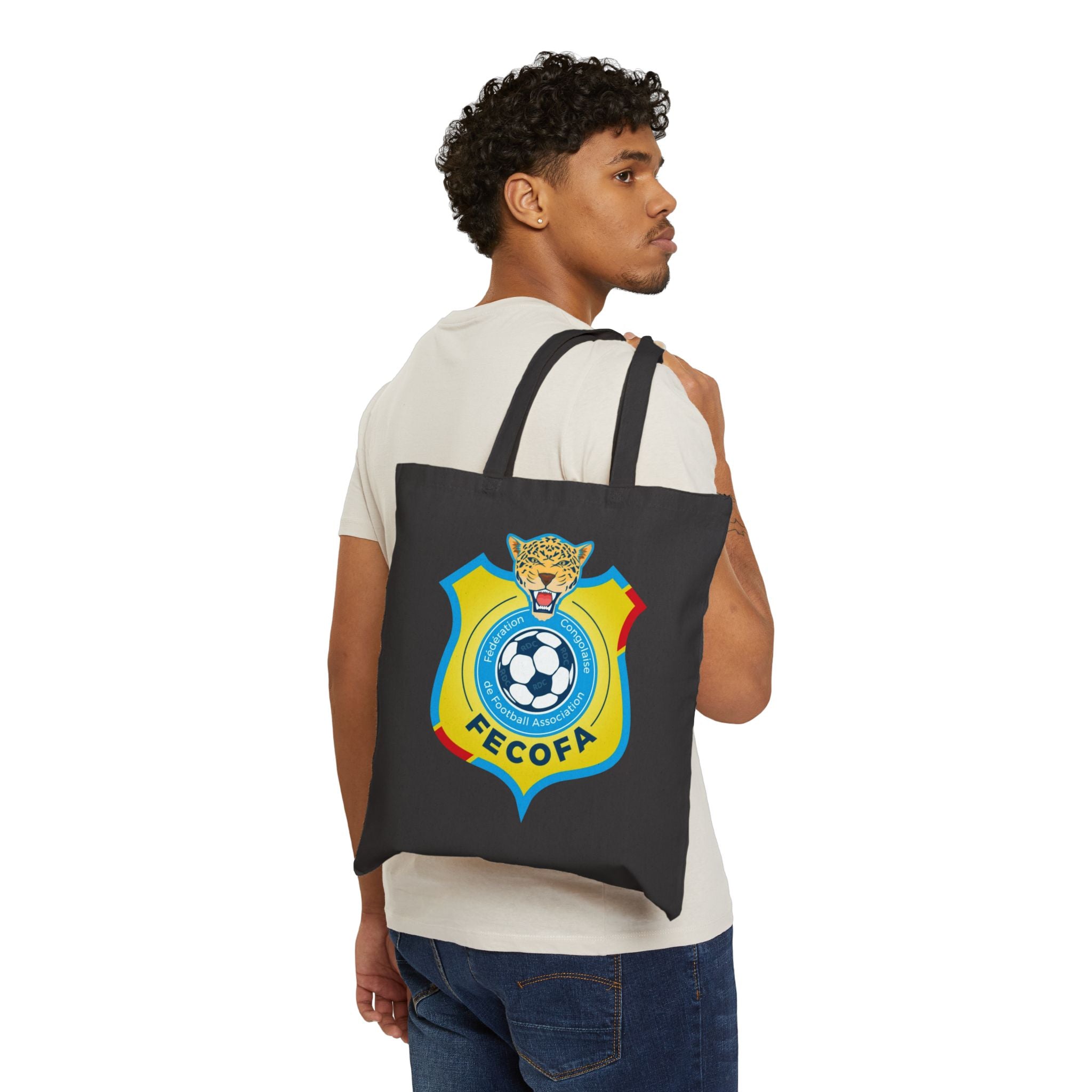 FECOFA Soccer Crest Tote Bag — Cotton Canvas Football Fan Grocery Tote