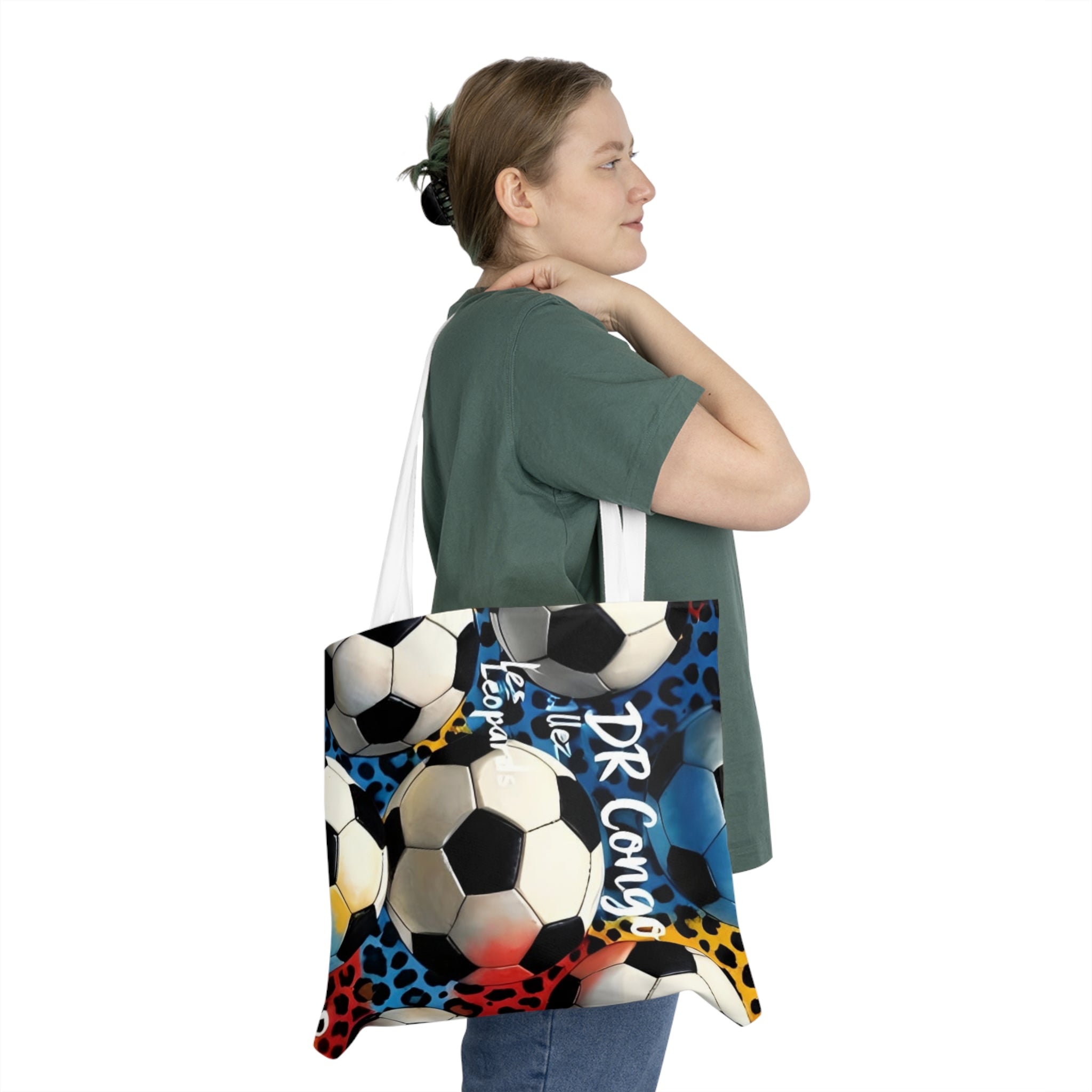 Soccer Pattern Shoulder Tote Bag — Colorful Leopard Print Soccer Ball Design