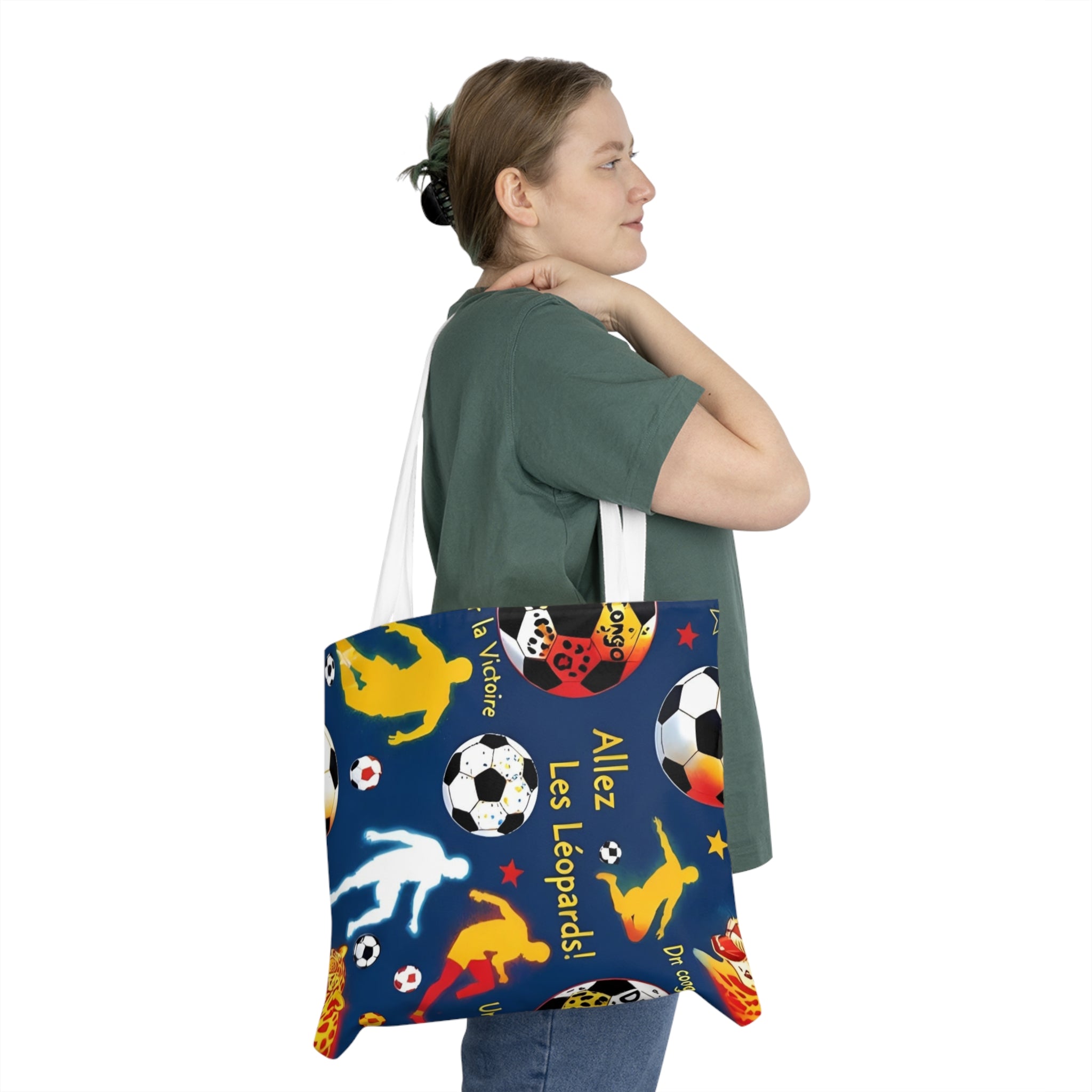 Soccer Fan Tote Bag — Colorful Soccer Balls, Paw Print & Goal Pattern